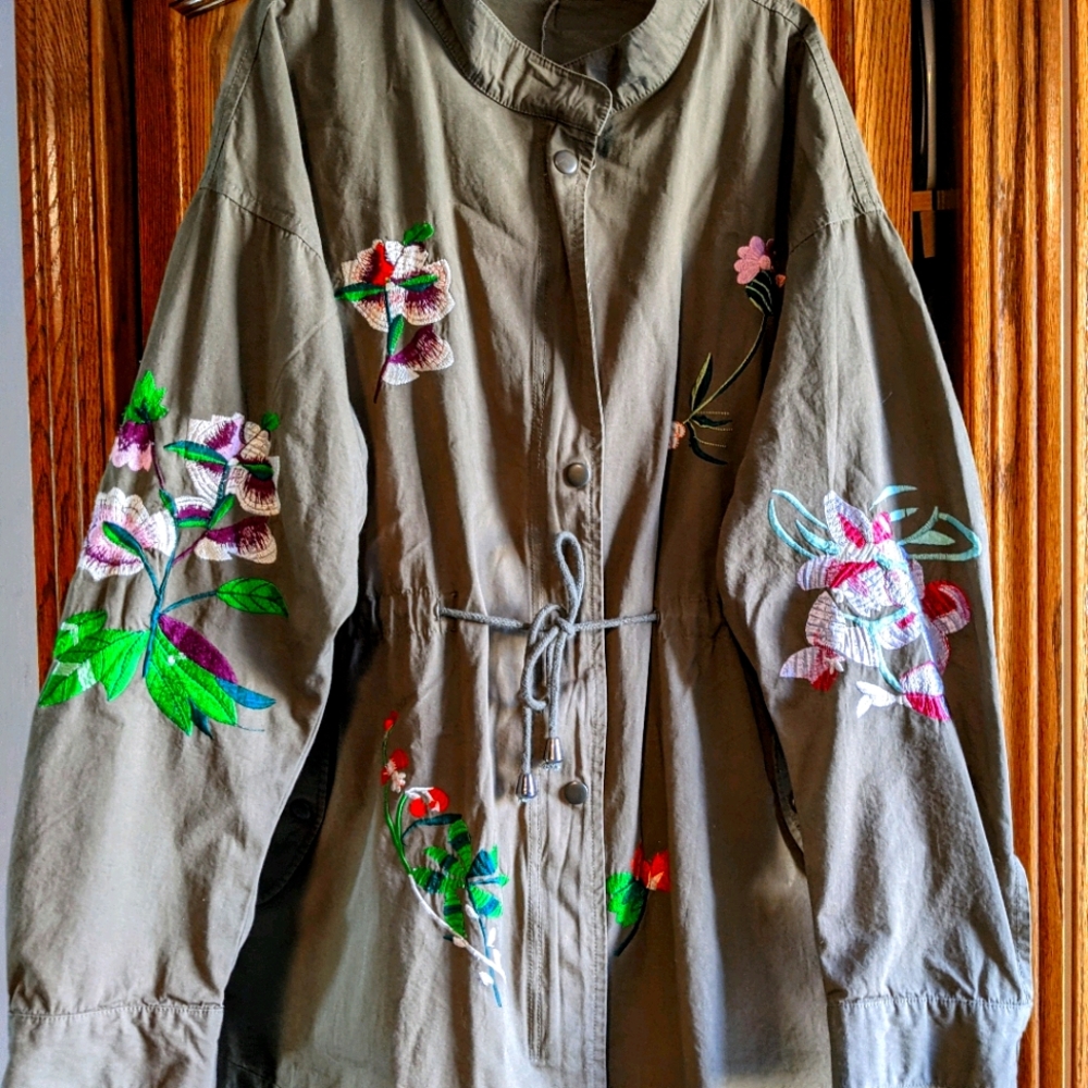 Olive Utility Jacket with Floral Embellishment